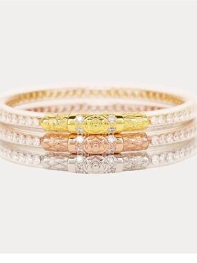 Budhagirl Stackable Floral Three-Tone Bangle Set — Gold, Rose Gold & Silver